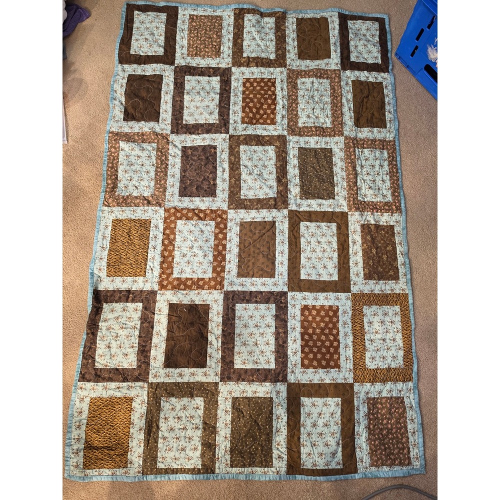 Handmade Patchwork Floral Lap Quilt Brown Blue 36x57 Cottagecore Farmhouse READ